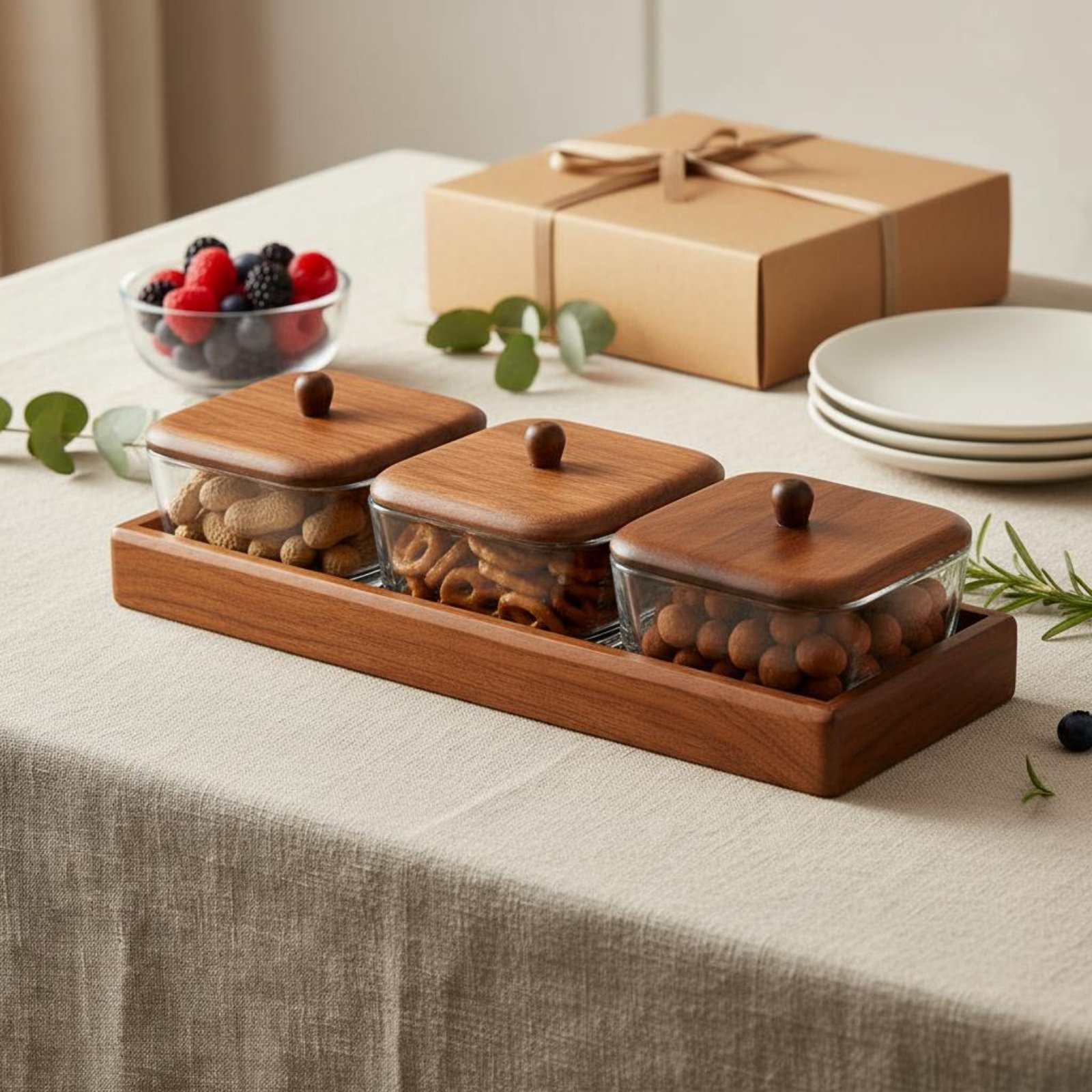 Glass Relish Dish Set with Woo - Wooden Serving Tray 评论和价格